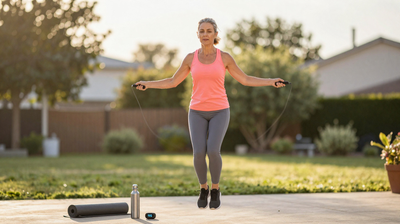 Mulher a saltar à corda num jardim, vestida com top rosa e leggins cinzentas, com tapete de yoga e garrafa ao lado.