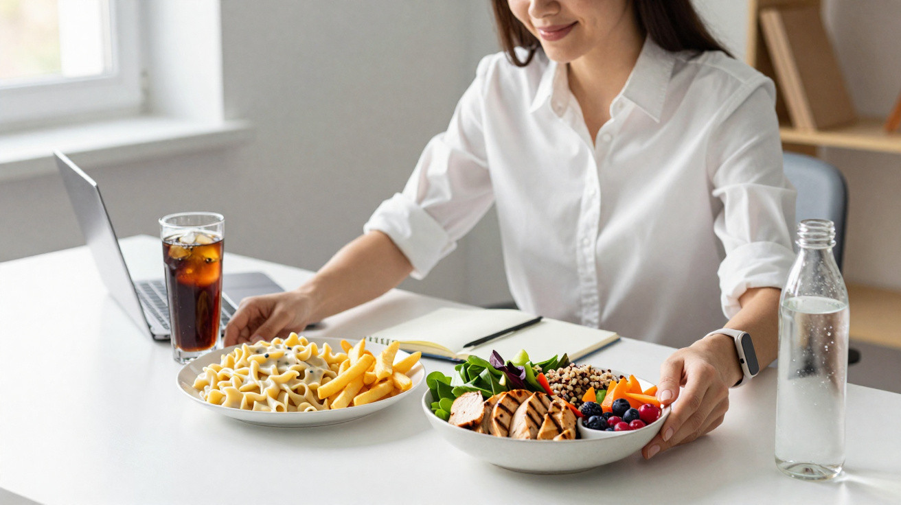 Mulher sentada à mesa com duas tigelas de comida, uma com massa e batatas fritas e outra com salada e fruta.