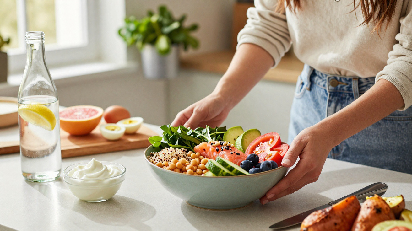 Pessoa a servir uma tigela com salada saudável de legumes, grão-de-bico e frutos vermelhos numa cozinha luminosa.