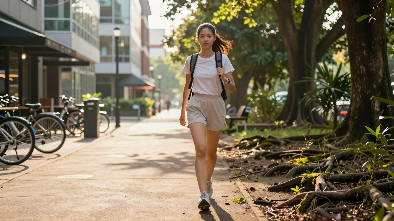 Mulher a caminhar com mochila numa calçada urbana entre bicicletas e árvores ao amanhecer.
