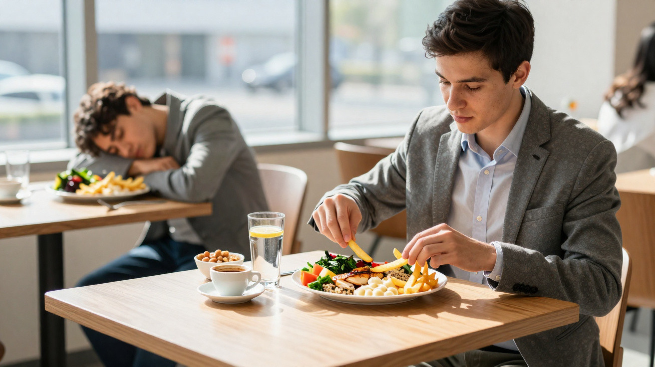 Homem de fato a comer sentado numa mesa de restaurante, enquanto outro está adormecido na mesa ao lado.