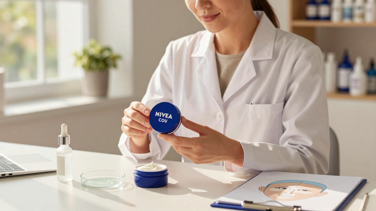 Mulher de bata branca segura creme NIVEA em frasco azul numa mesa com produtos cosméticos e desenho facial.