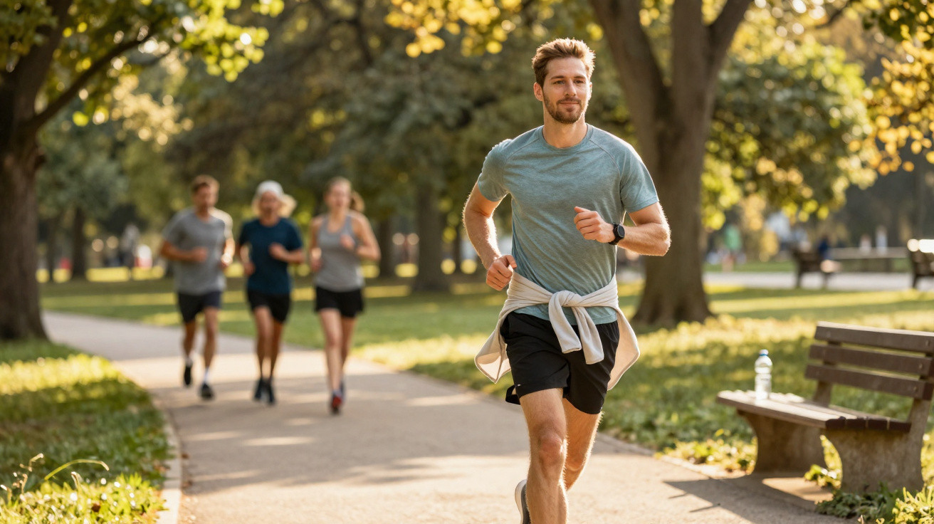 Homem a correr num parque iluminado pelo sol com três pessoas a correrem ao fundo e banco à direita.