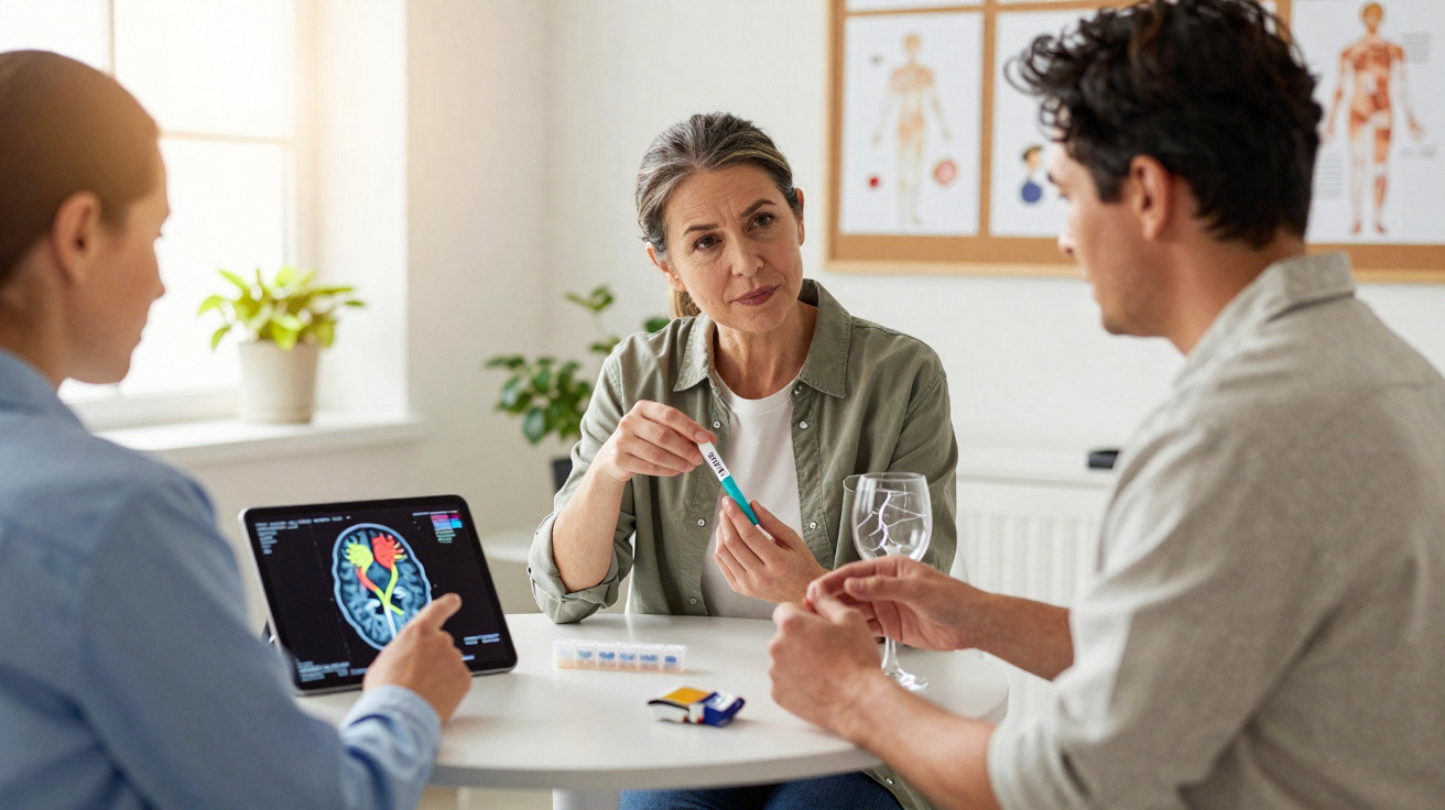 Mulher mostra resultado de teste a casal durante consulta médica, com imagem cerebral num tablet em fundo.