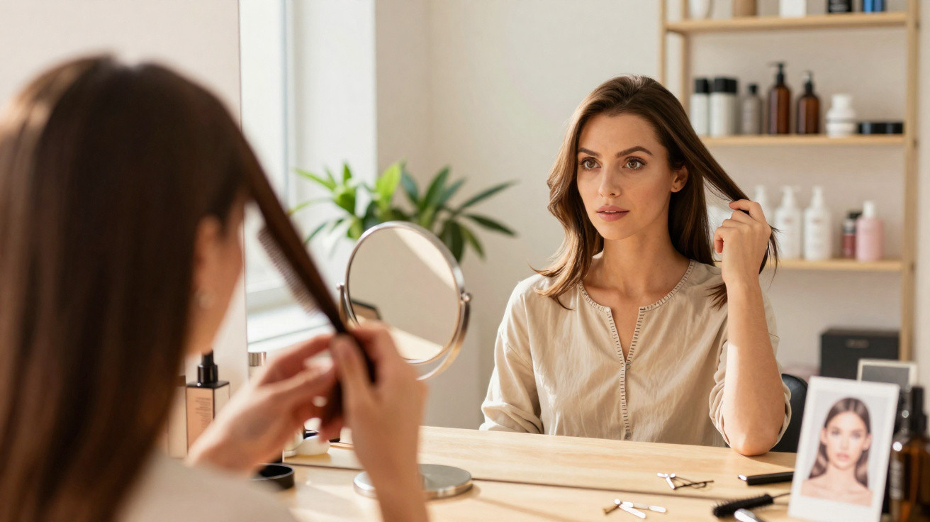 Mulher a pentear o cabelo à frente de um espelho numa secretária com produtos de beleza.