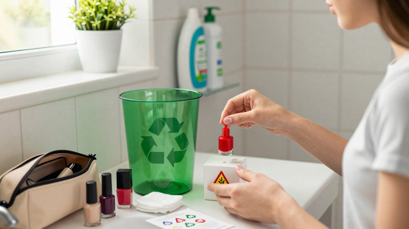Mulher a preparar desperdícios de esmalte para reciclagem próximo de contentor verde com símbolo de reciclagem.
