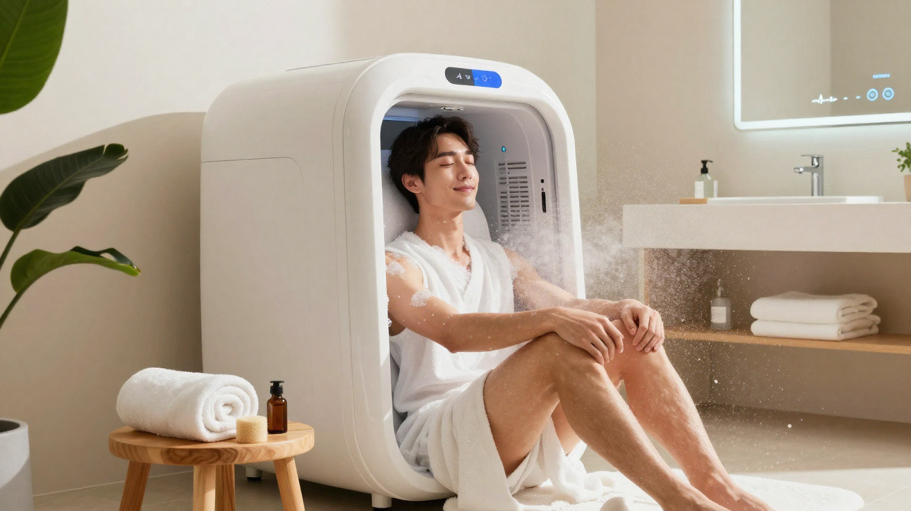Homem relaxa dentro de cápsula de vapor numa casa de banho moderna e luminosa, vestido com toalha branca.