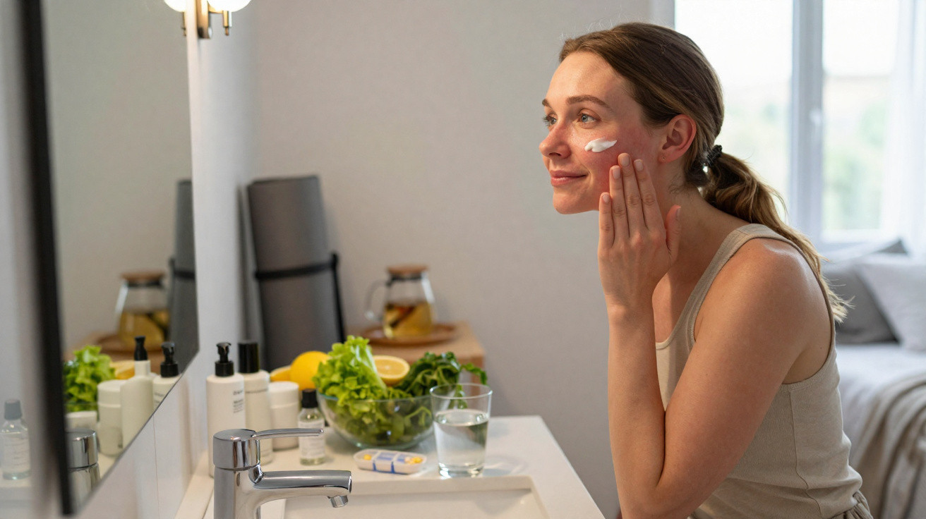 Mulher aplica creme no rosto em casa, junto a uma pia com produtos de beleza e legumes ao fundo.