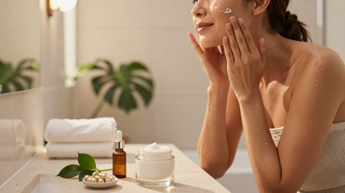 Mulher a aplicar creme no rosto num ambiente de casa de banho com produtos de cuidados da pele numa bancada.