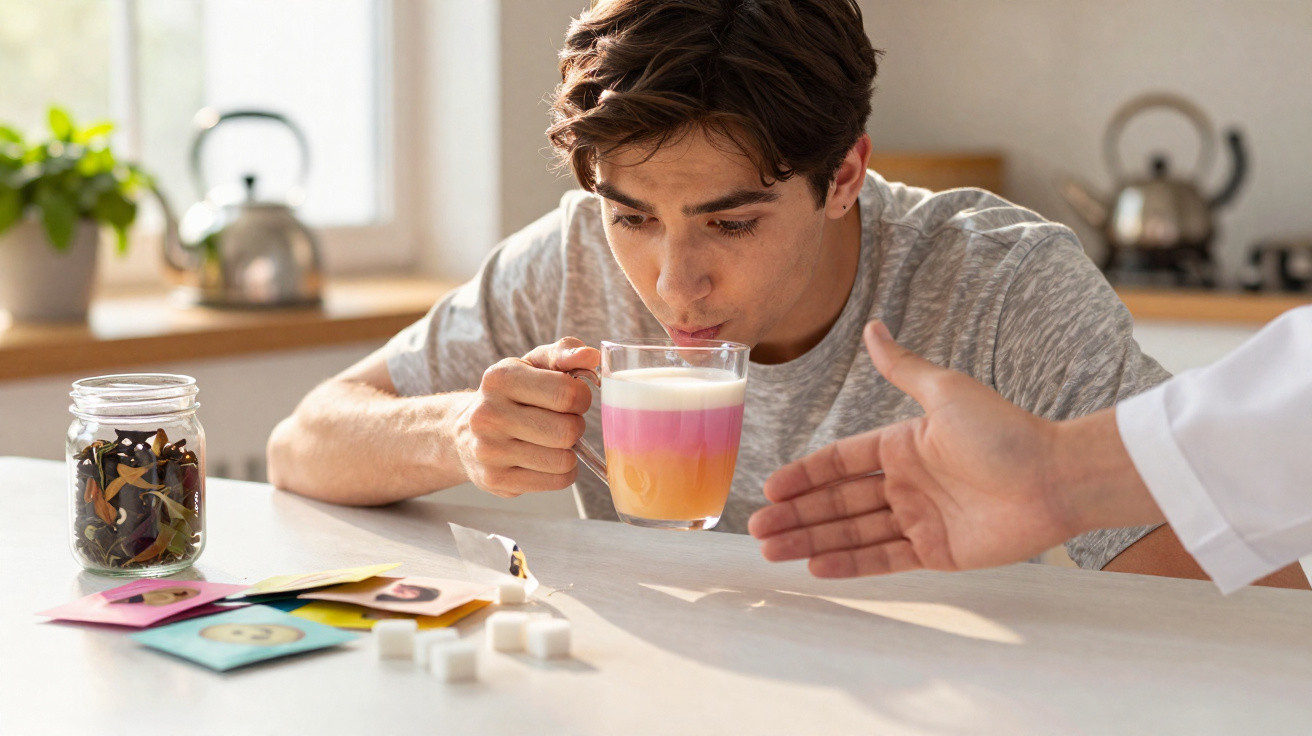 Jovem a beber bebida colorida em copo transparente numa cozinha, outra mão a apontar para a bebida.