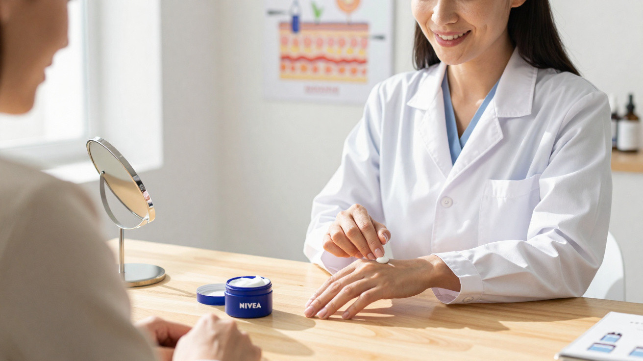 Profissional de saúde aplica creme nas mãos enquanto conversa com paciente numa consulta de dermatologia.