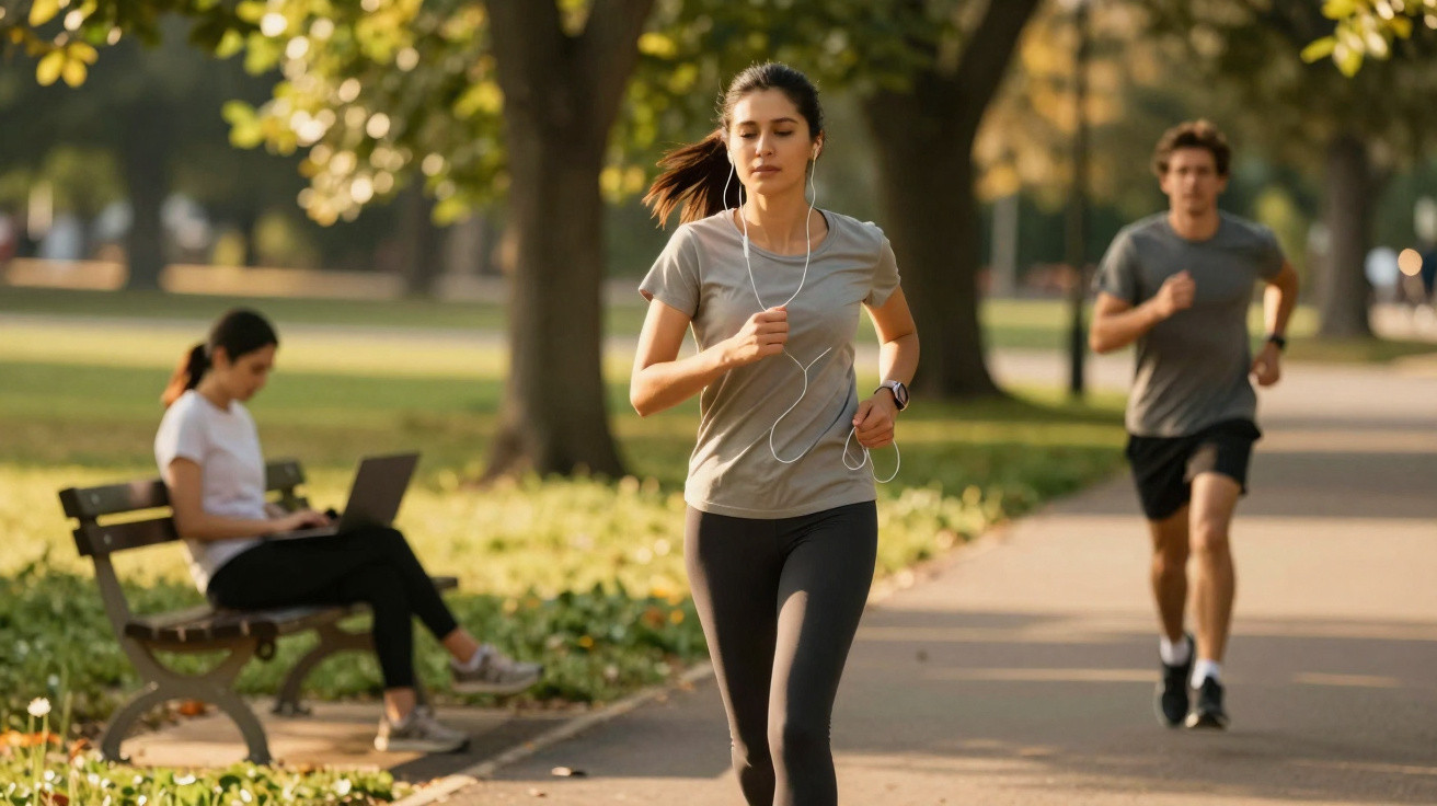 Mulher a correr num parque com auscultadores, homem a correr ao fundo e mulher sentada no banco a usar portátil.