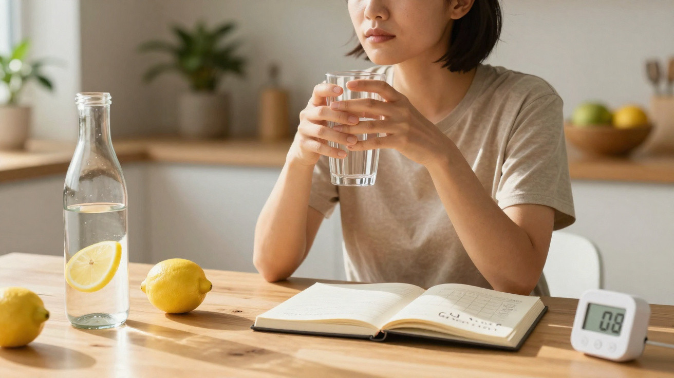 Pessoa sentada a beber água, com livro aberto numa mesa de madeira, limões e garrafa de água com limão.
