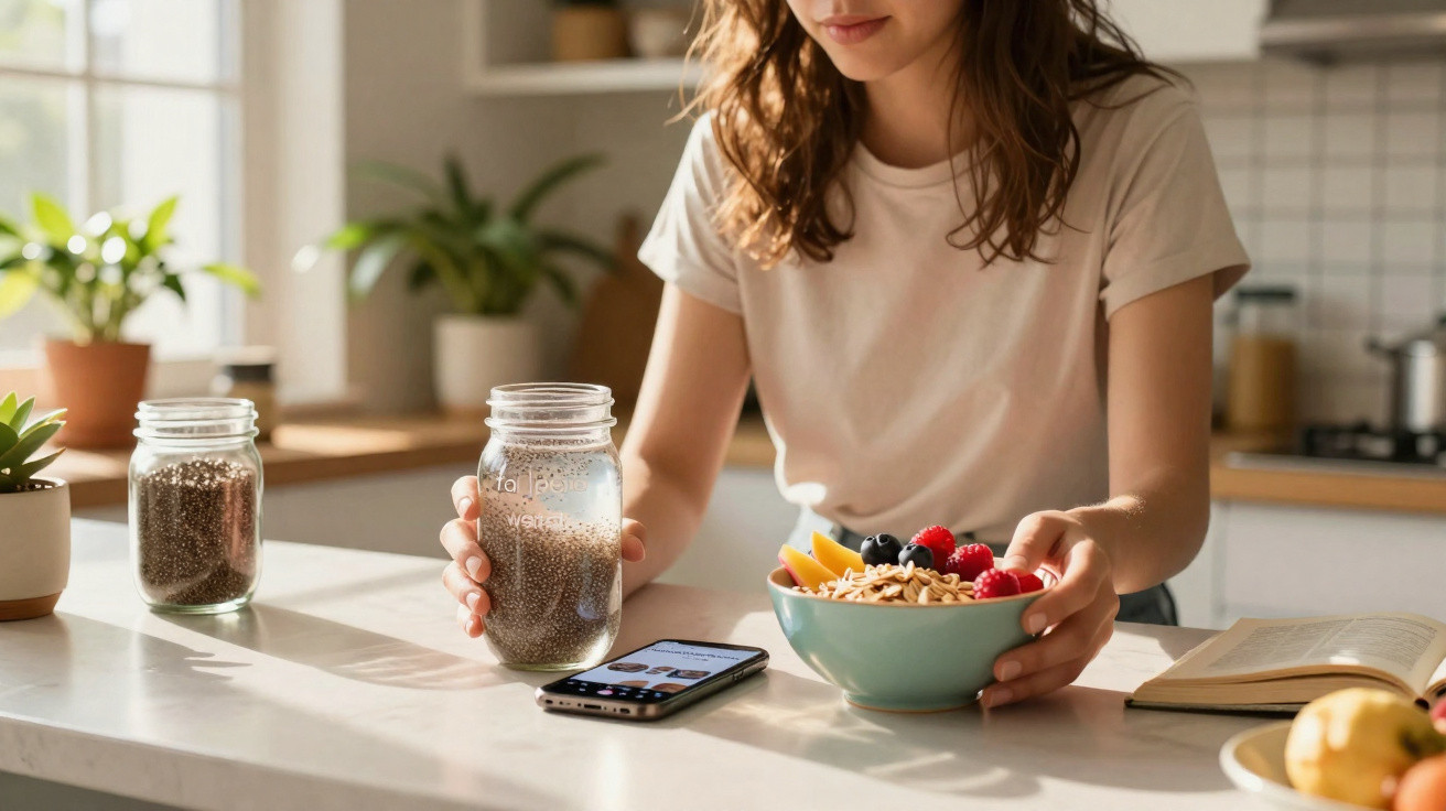 Pessoa a preparar uma taça de cereais com frutos vermelhos, sementes e a utilizar telemóvel numa cozinha iluminada.
