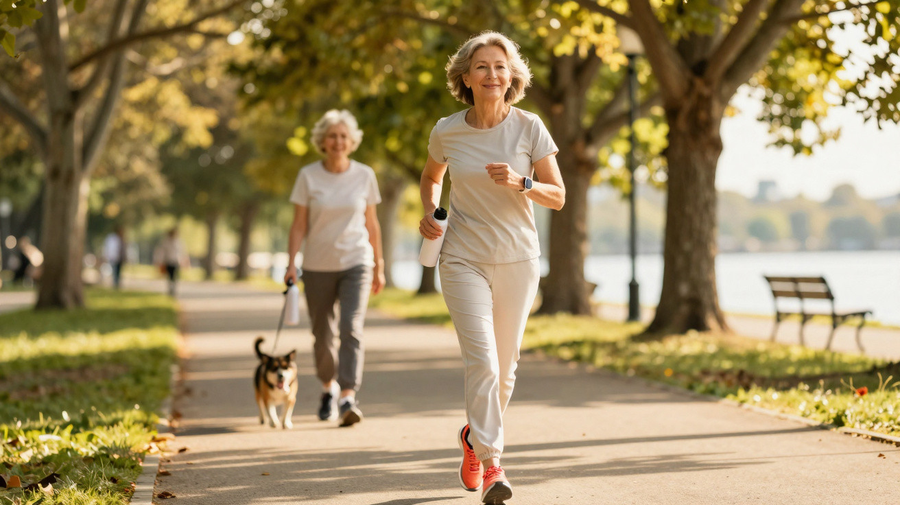 Duas mulheres seniores exercitam-se num parque, uma corre com garrafa e outra passeia um cão ao lado da lagoa.
