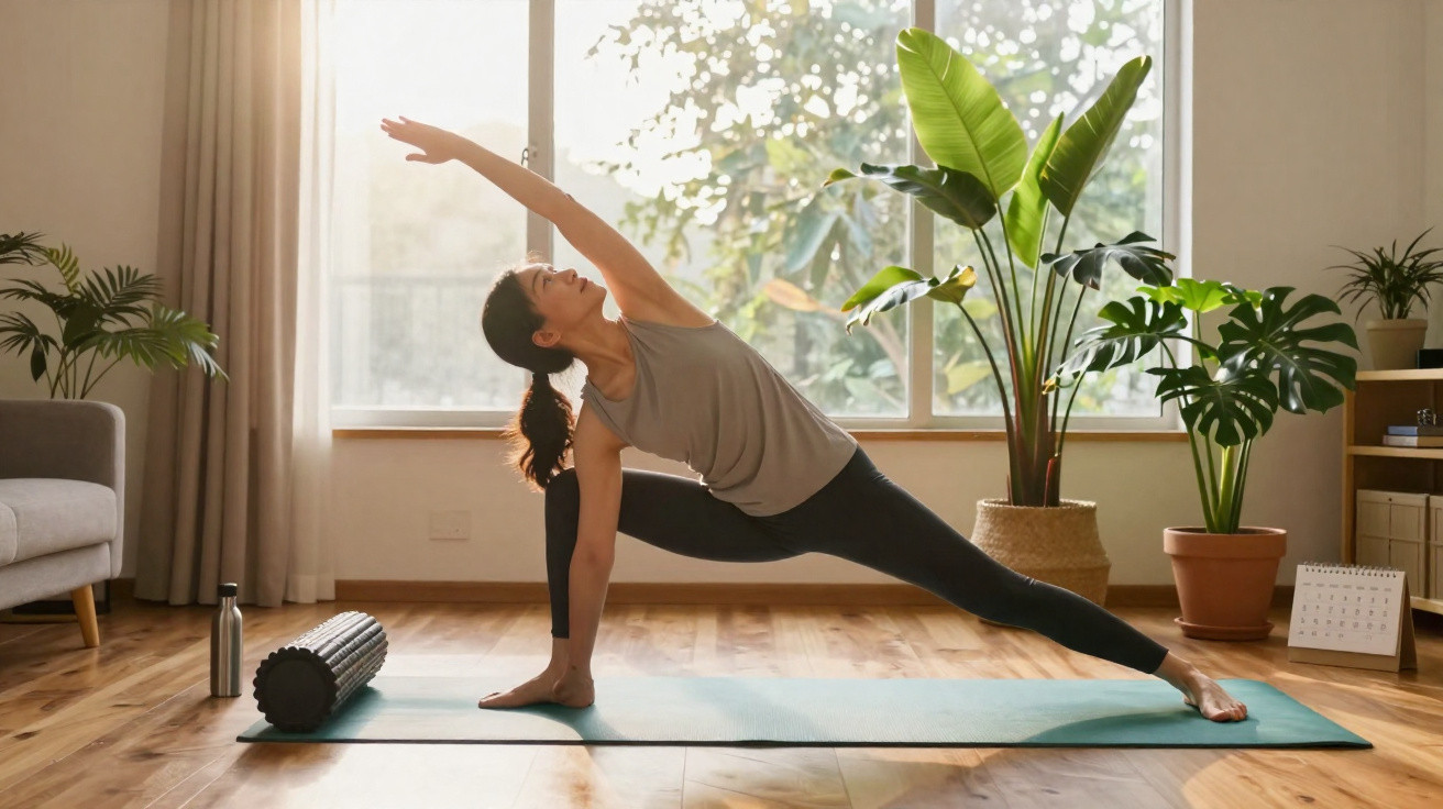 Mulher a fazer yoga numa sala iluminada com plantas verdes e acessórios de fitness no chão.