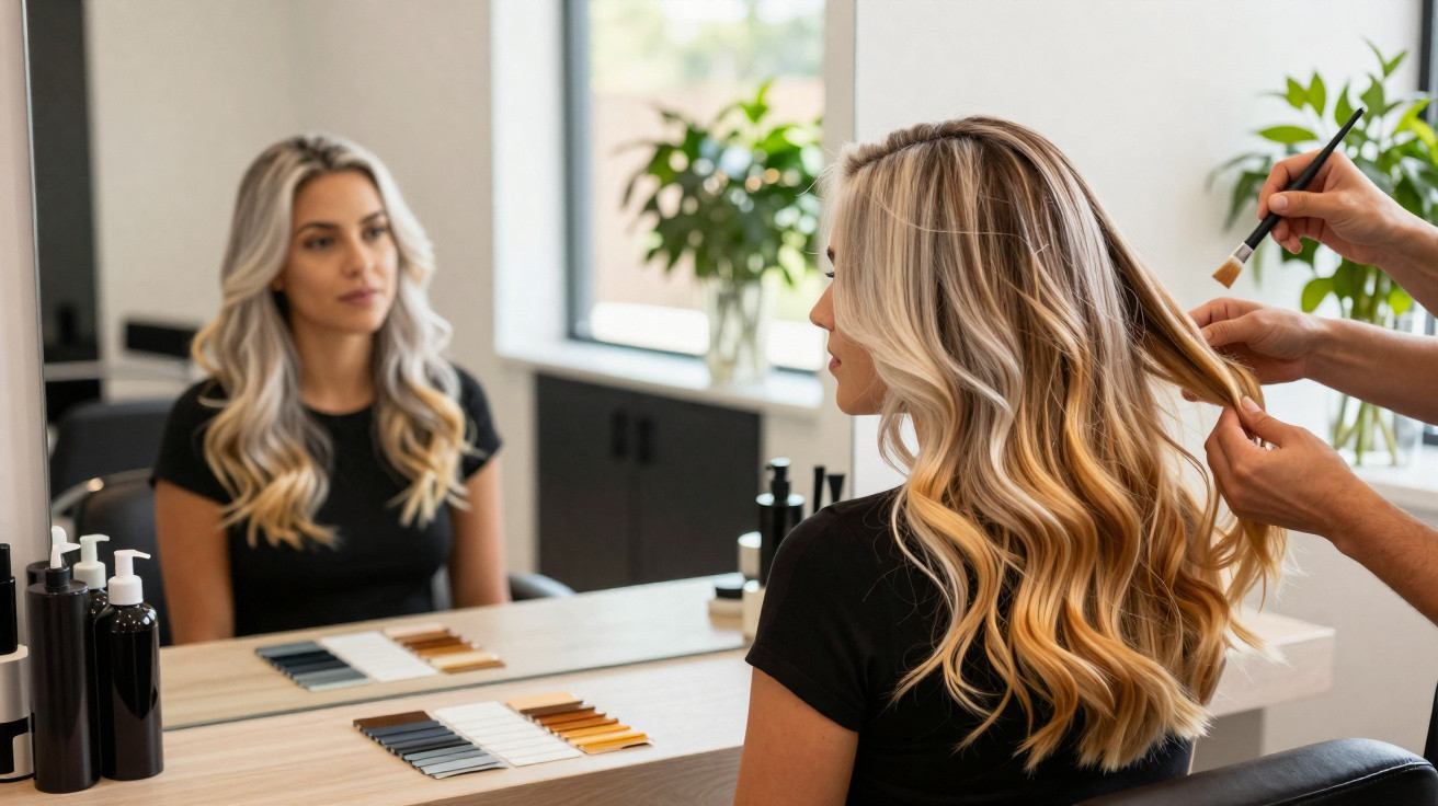 Mulher loira com cabelo ondulado a ser penteada num salão de cabeleireiro perante um espelho.