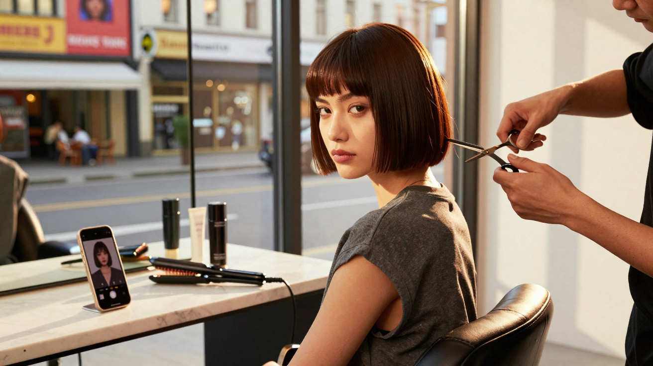 Mulher a cortar o cabelo curto numa barbearia, sentada em frente a um espelho com smartphone ligado.