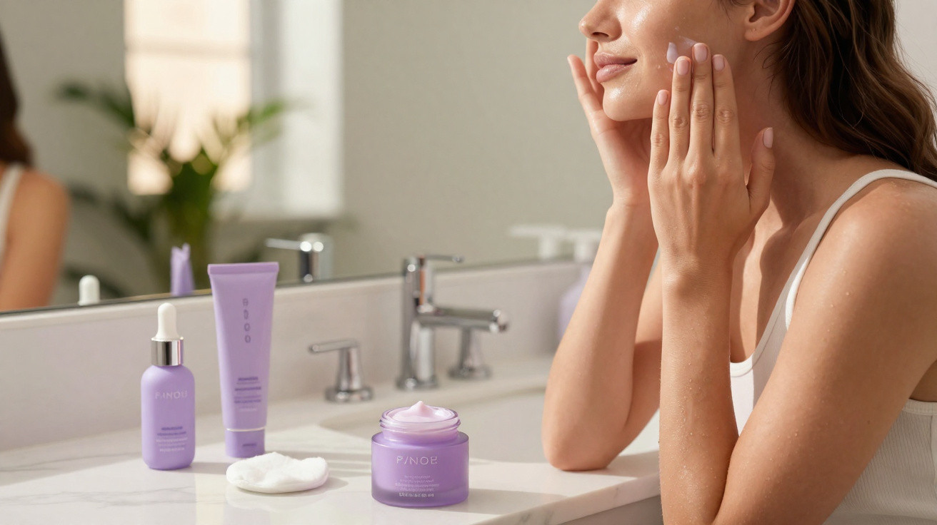 Mulher a aplicar creme facial num lavatório com produtos de cosmética lilás ao lado.