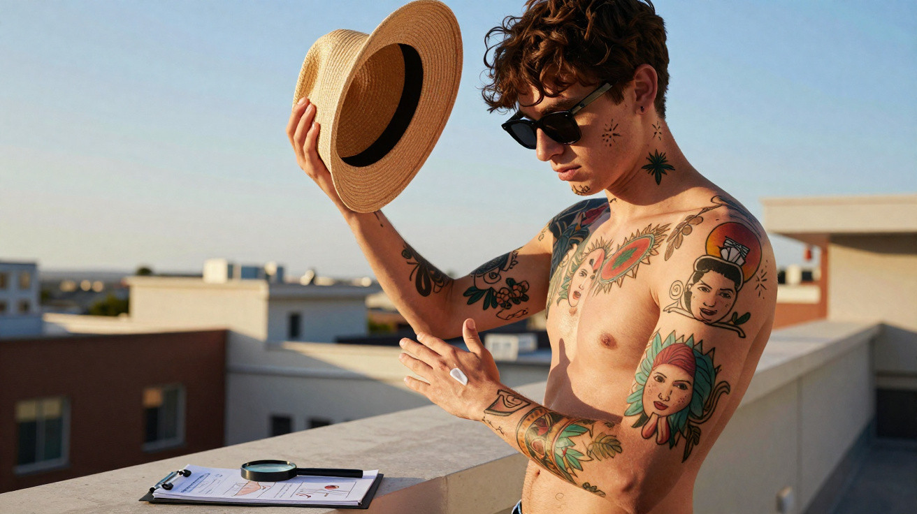 Jovem com tatuagens aplica protetor solar num terraço ao pôr do sol, segurando um chapéu de palha.