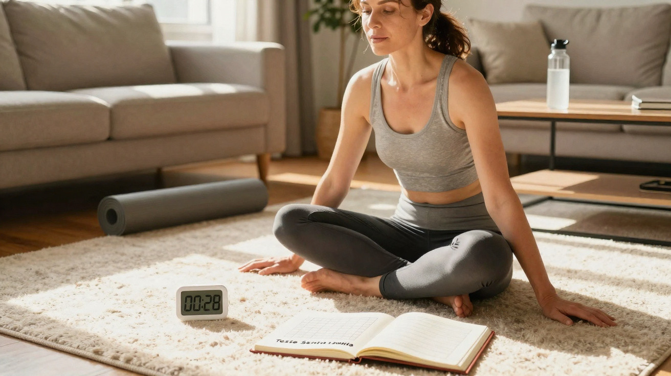 Mulher sentada em posição de yoga no tapete a meditar com relógio e caderno ao lado numa sala iluminada.
