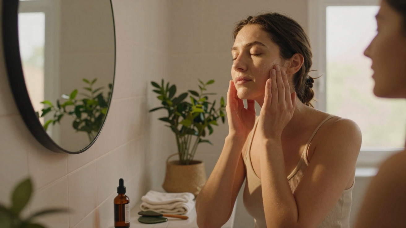 Mulher a aplicar creme facial com olhos fechados numa casa de banho iluminada naturalmente.