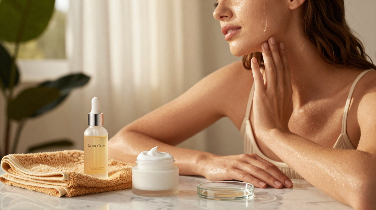 Mulher aplica sérum hidratante no rosto, com creme e toalha à sua frente numa mesa clara.