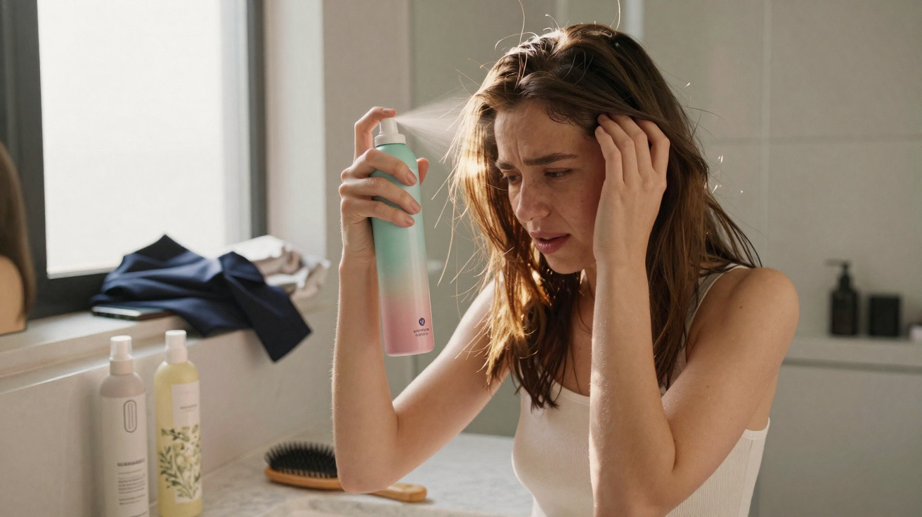 Mulher preocupada aplica spray no cabelo num ambiente de casa de banho iluminado pela luz natural.
