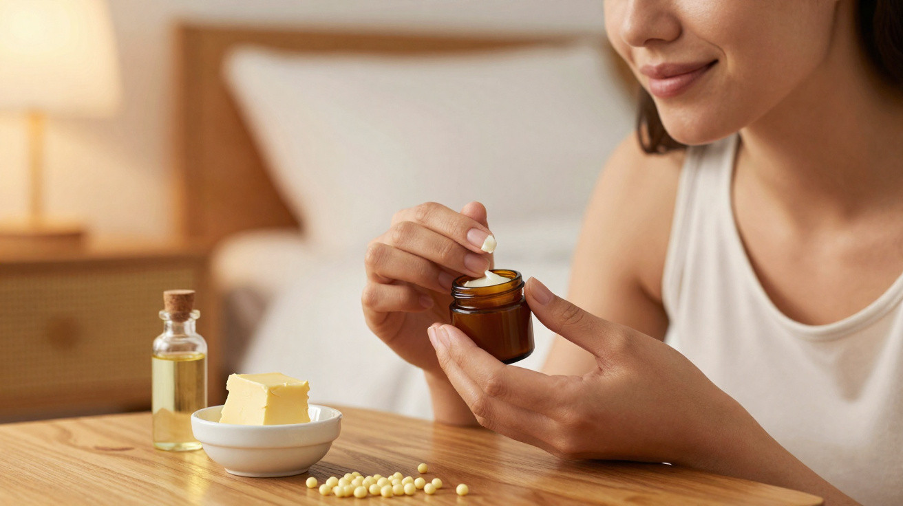 Mulher aplicando creme hidratante com frascos de óleo e manteiga na mesa de madeira.