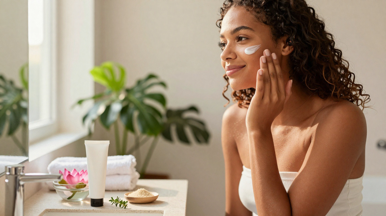 Mulher a aplicar creme no rosto numa casa de banho com plantas e toalhas ao fundo.