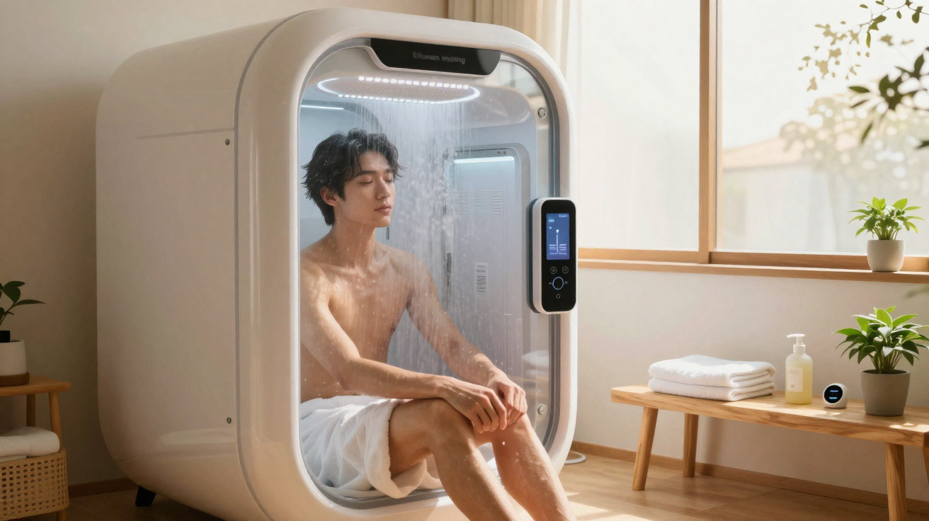 Homem sentado relaxado dentro de cabina de ducha moderna com painel digital num quarto iluminado.