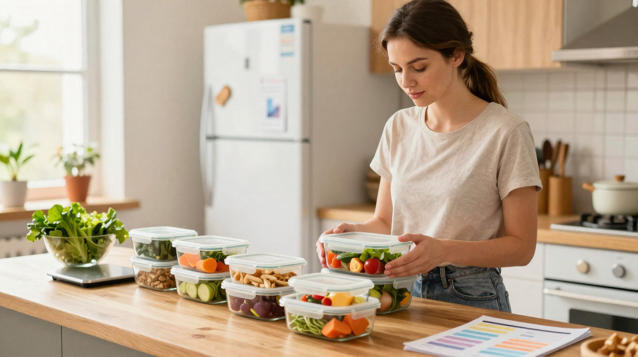 Mulher arruma saladas e legumes em caixas de plástico numa cozinha luminosa e organizada.
