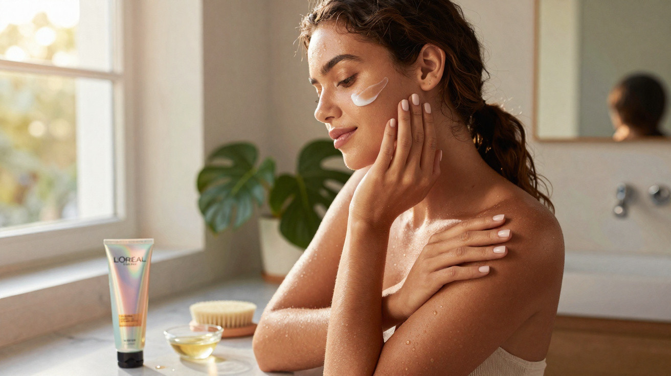 Mulher a aplicar creme no rosto, sentada junto a uma janela com produtos de cuidado de pele à frente.
