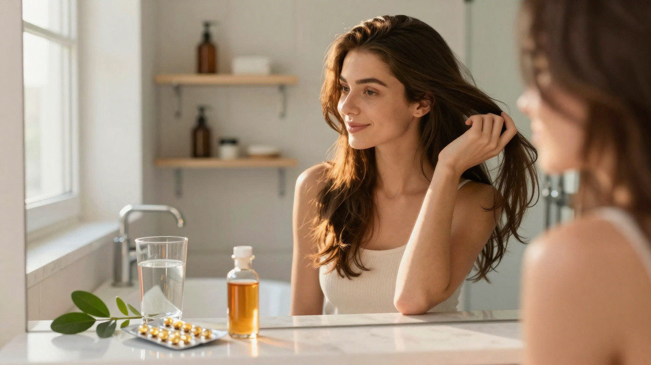 Mulher sentada em frente a espelho, sorrindo, com vidro de água, suplemento e planta na bancada do lavabo.