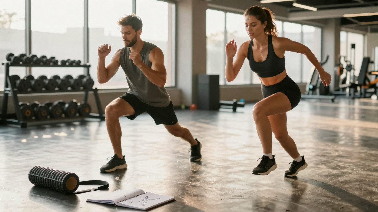 Casal a fazer exercícios funcionais num ginásio com rolo de espuma e caderno no chão.