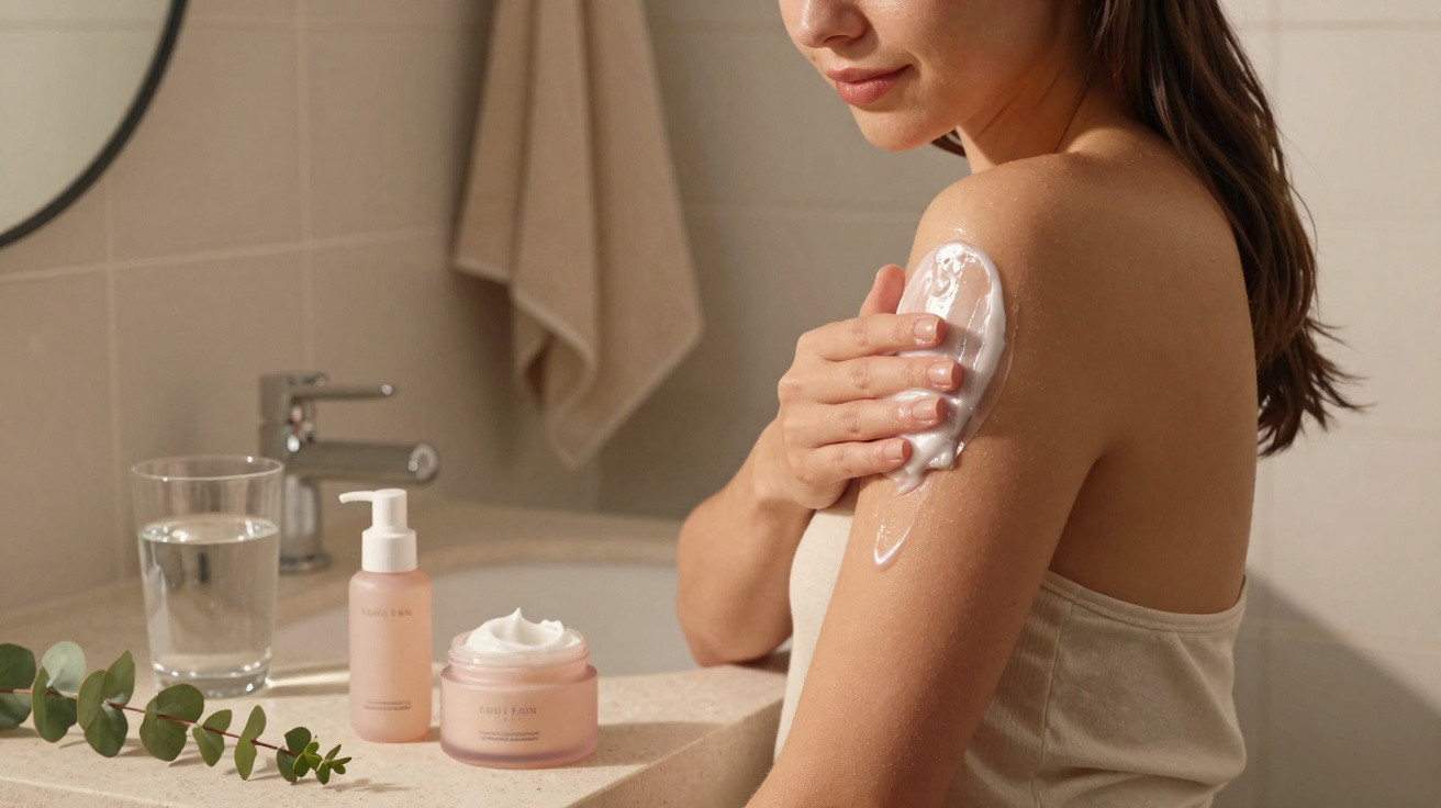 Mulher a aplicar creme hidratante no braço numa casa de banho com produtos de beleza à frente.