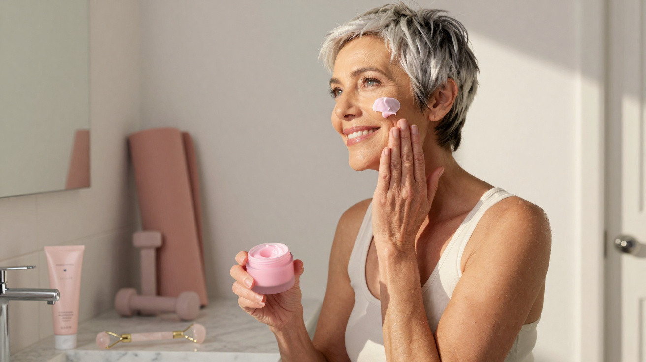 Mulher madura aplica creme facial rosado, sorridente, em casa com utensílios de cuidado pessoal ao fundo.