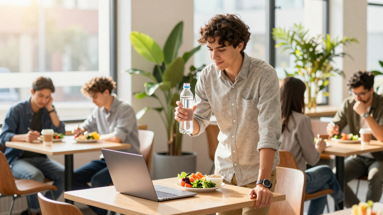 Jovem com garrafa de água junto a um prato de comida e computador numa mesa de café luminoso.