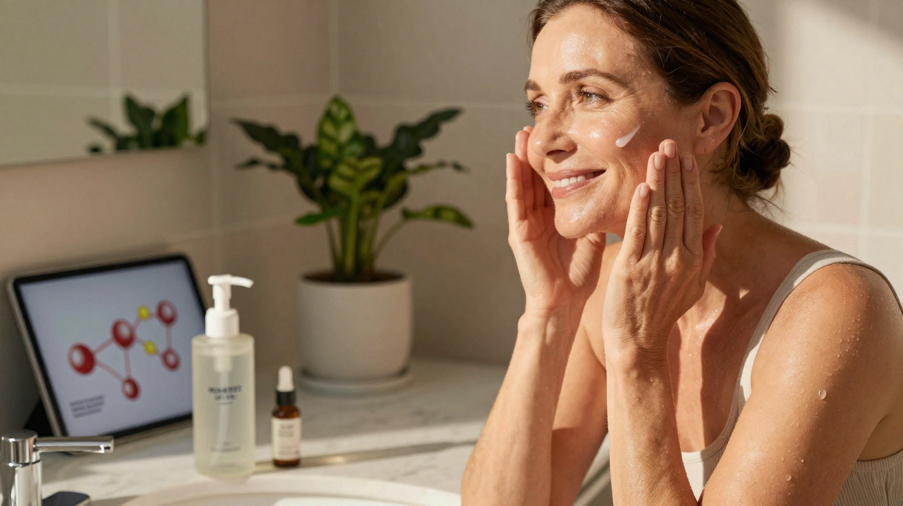 Mulher aplica creme hidratante no rosto no banheiro com plantas e produtos de beleza ao fundo.