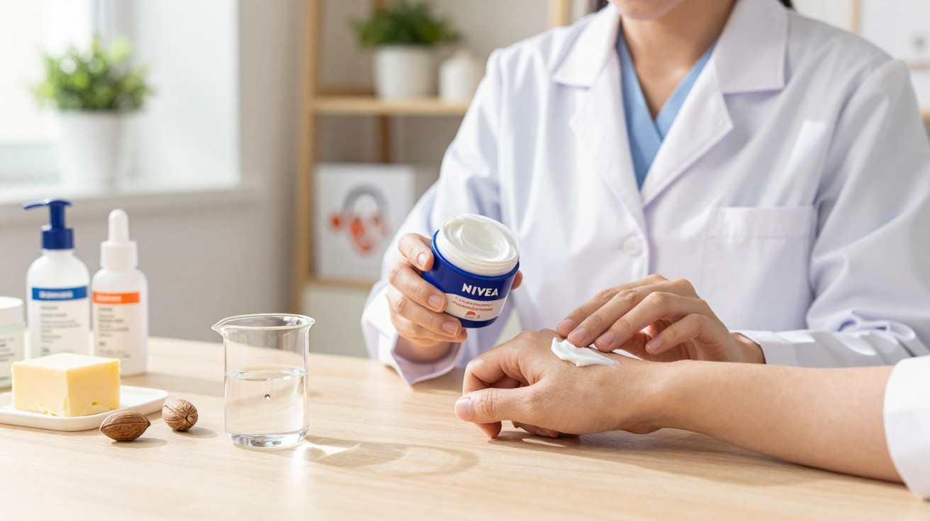 Profissional de saúde a aplicar creme Nivea na mão de uma pessoa em mesa com produtos de cuidado.