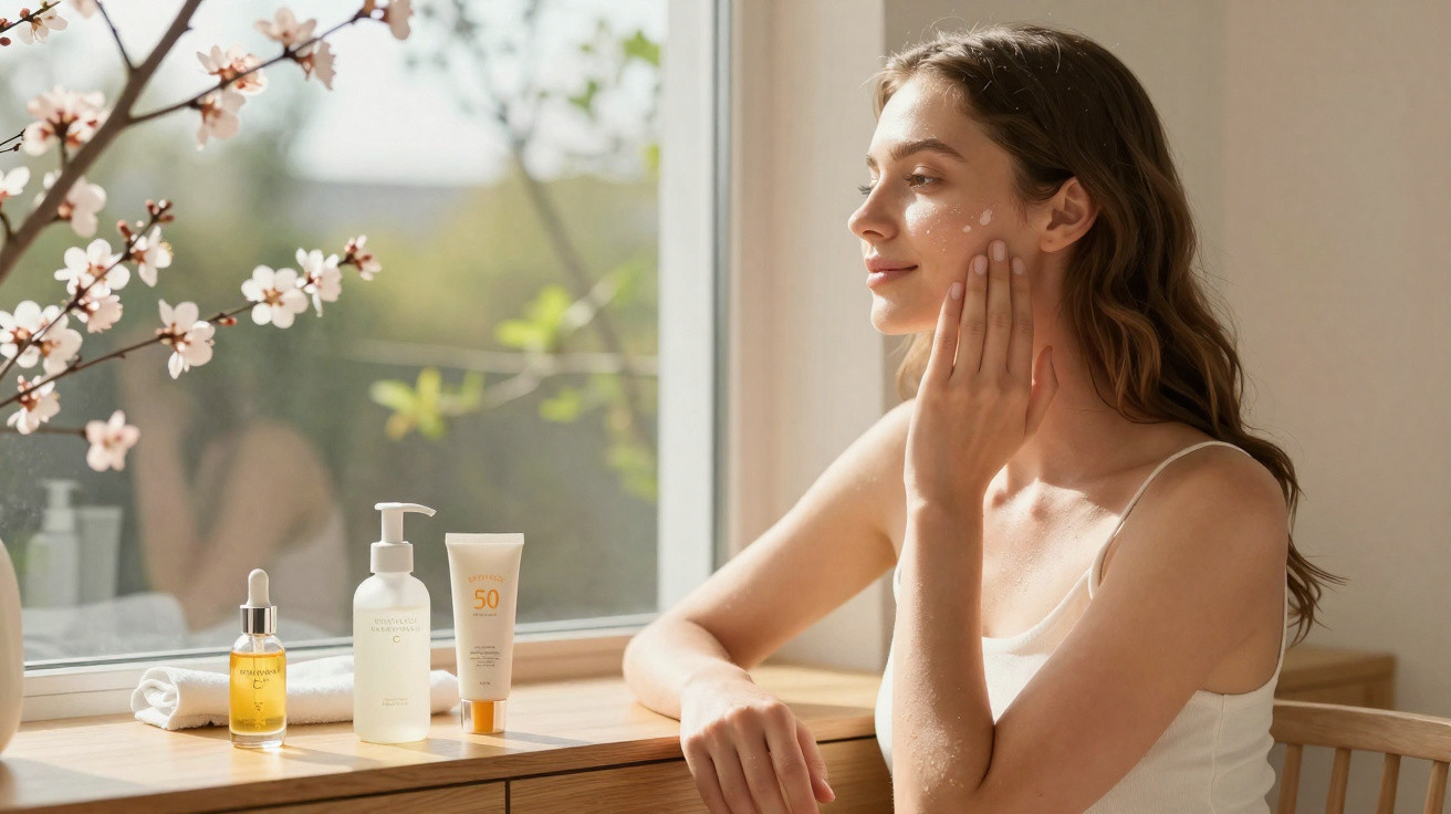 Mulher a aplicar creme hidratante no rosto junto a janela com flores e frascos de cosméticos na mesa.