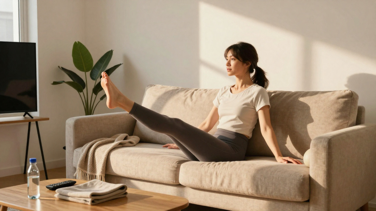 Mulher a fazer exercício de pernas sentada num sofá numa sala iluminada pelo sol.