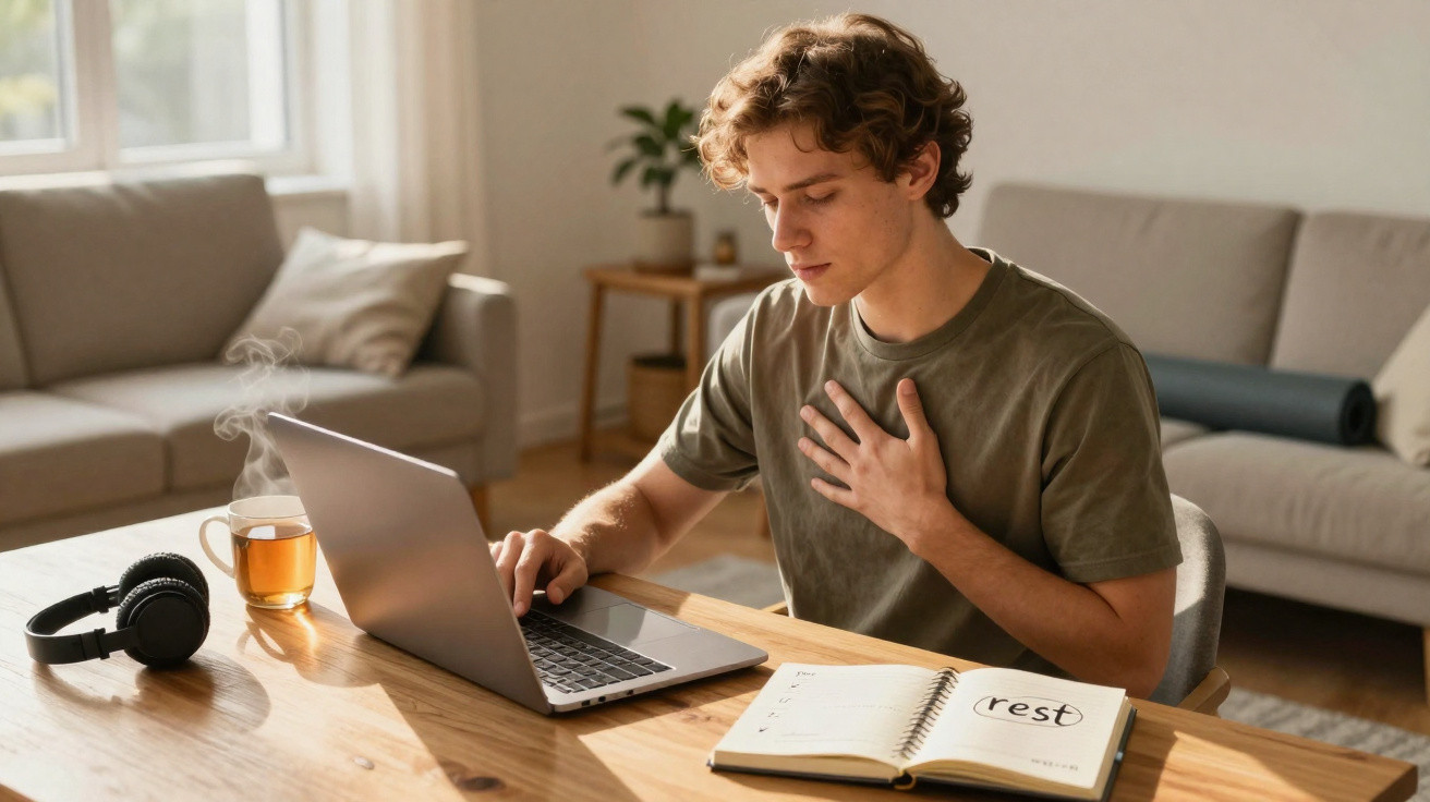 Jovem sentado a trabalhar no computador com mão no peito, livro aberto com palavra "rest" e chá quente na mesa.
