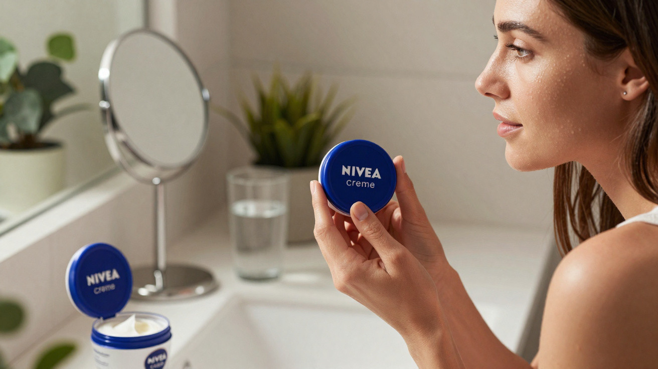 Mulher segura lata azul de creme Nivea junto a pia com espelho e plantas ao fundo.