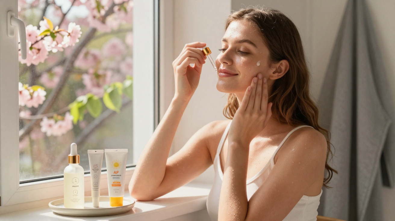 Jovem aplica sérum facial junto a janela com flores de cerejeira ao fundo, em ambiente iluminado.