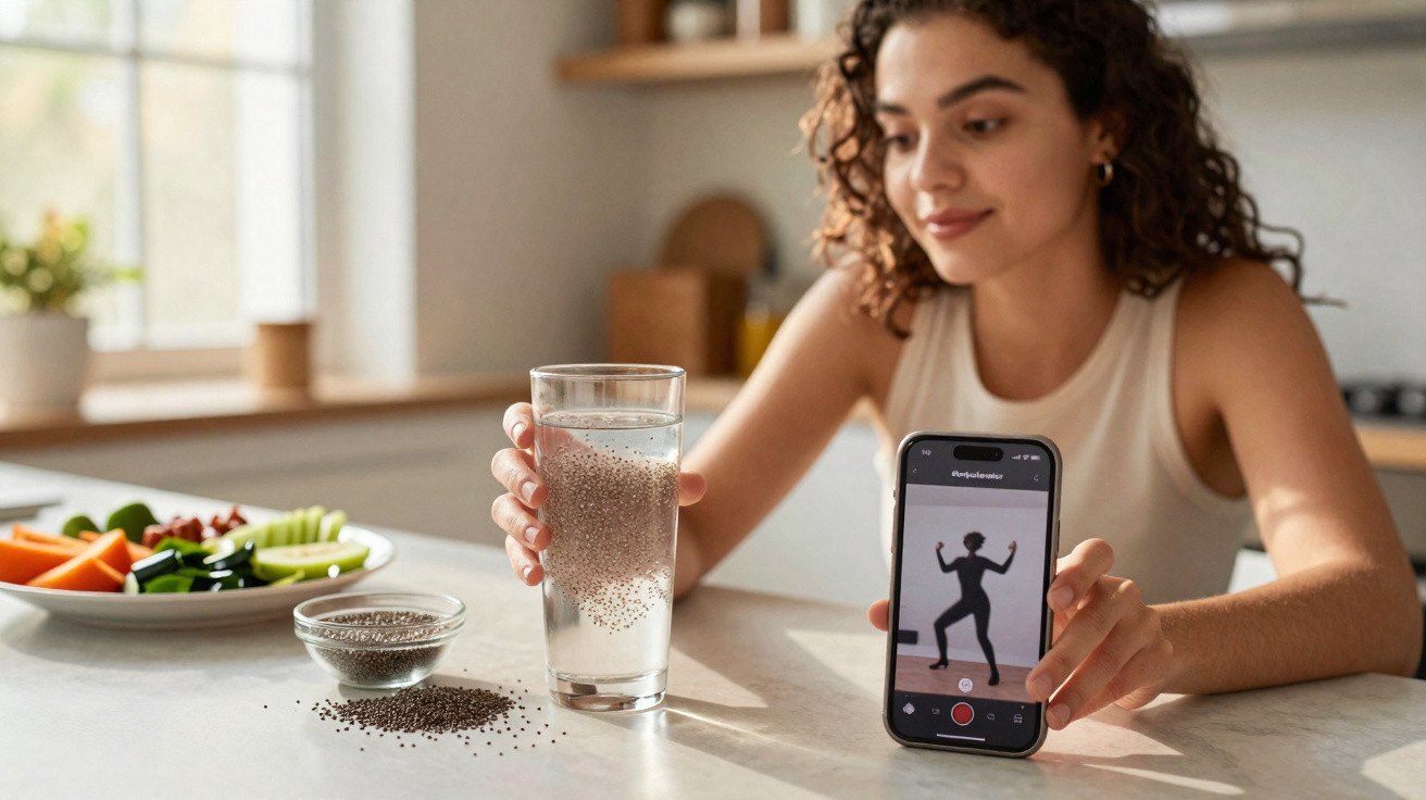 Mulher segura copo com água e sementes de chia e mostra vídeo de exercício no smartphone.