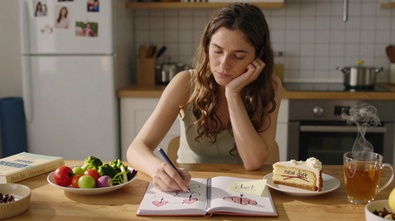 Mulher sentada à mesa, escrevendo num caderno com desenhos ligados a dieta, entre comida saudável e uma fatia de bolo.