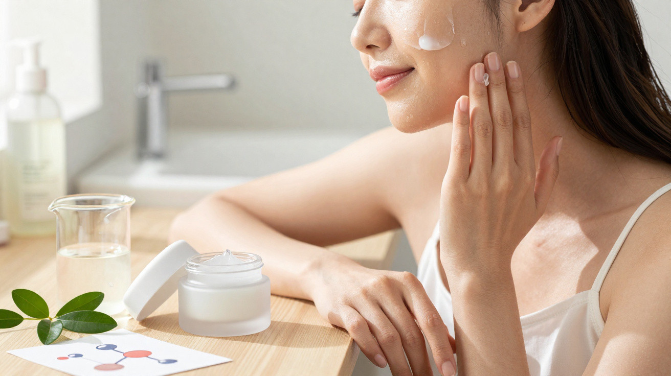 Mulher a aplicar creme facial numa mão, sentada numa mesa com produtos de cuidados de pele.