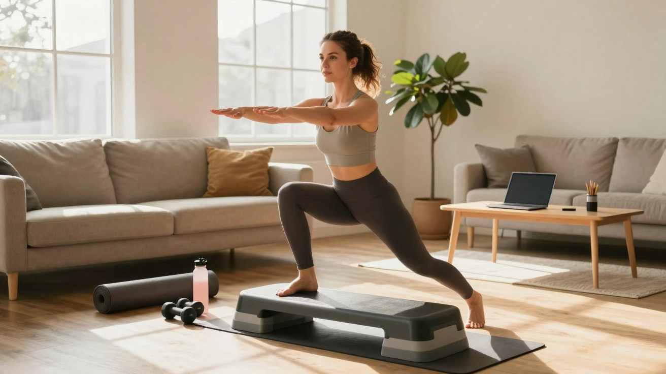 Mulher a fazer exercício em casa numa postura de avanço sobre step, com halteres e garrafa ao lado.