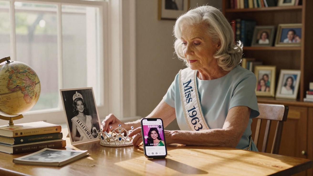 Idosa com faixa "Miss 1963" observa uma coroa enquanto vê uma jovem num telemóvel.